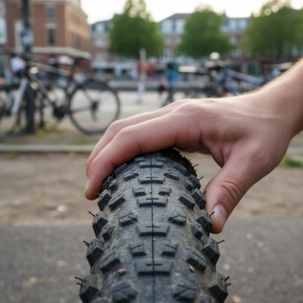 Close-up of a bike or scooter tire being checked before a ride. Natural light, calm moment, documentary-style photography. size 1:1