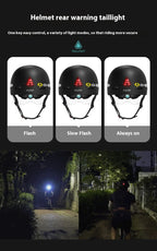 Urban bike safety helmet with rear warning taillight, three light modes, night riding demo