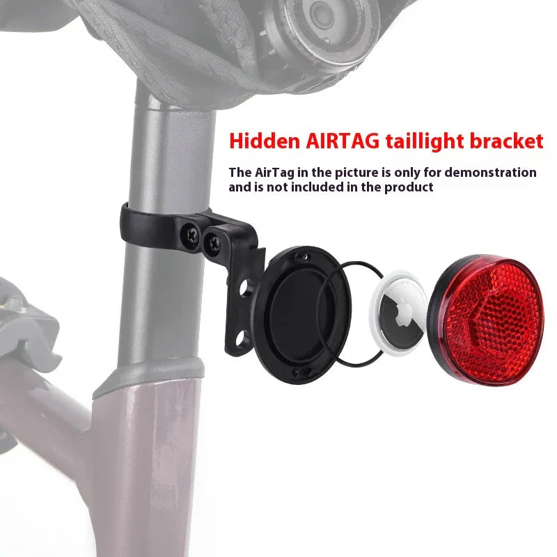 Bike seatpost with TrekGlow hidden AirTag taillight bracket for rider safety and tracking