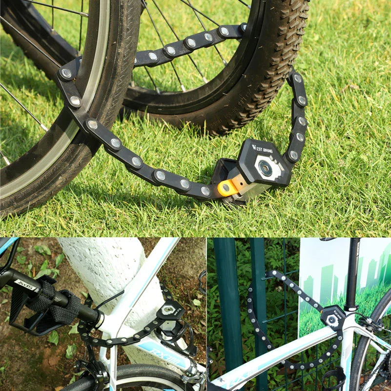 Urban bike secured with foldable chain lock on grass, post, and fence for rider safety