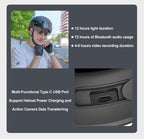 Urban cyclist wearing TrekGlow smart helmet with visor, Type C USB port closeup, helmet features listed.