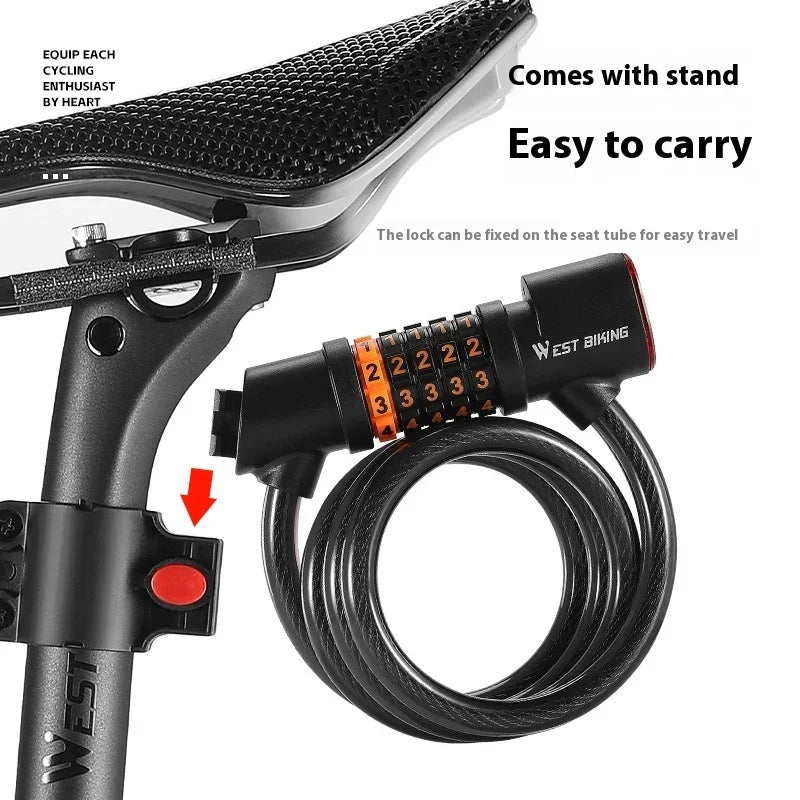 Bike seat with mounted combination cable lock, ideal for urban micro-mobility safety.