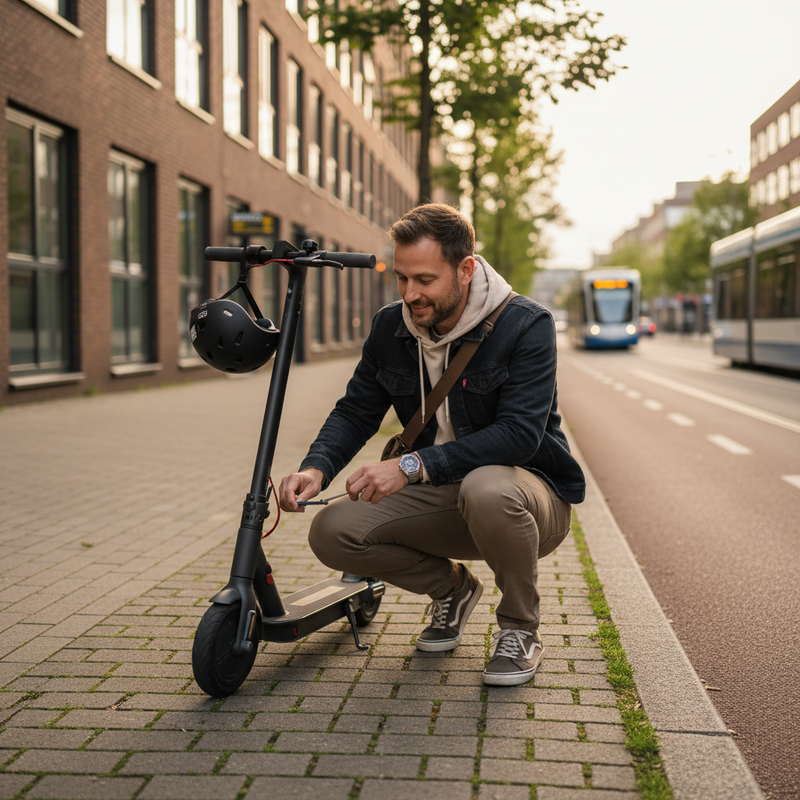 Urban commuter man stopped roadside performing a quick adjustment on a bike or scooter. Calm environment, no stress, realistic lifestyle photography. size 1:1
