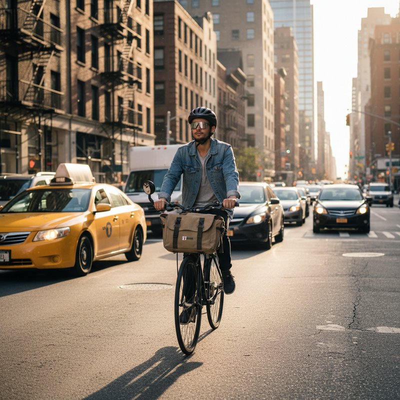 Urban commuter riding through city traffic with a visible rear-view mirror, relaxed posture, and nearby vehicles. Natural daylight, realistic lifestyle photography. size 1:1