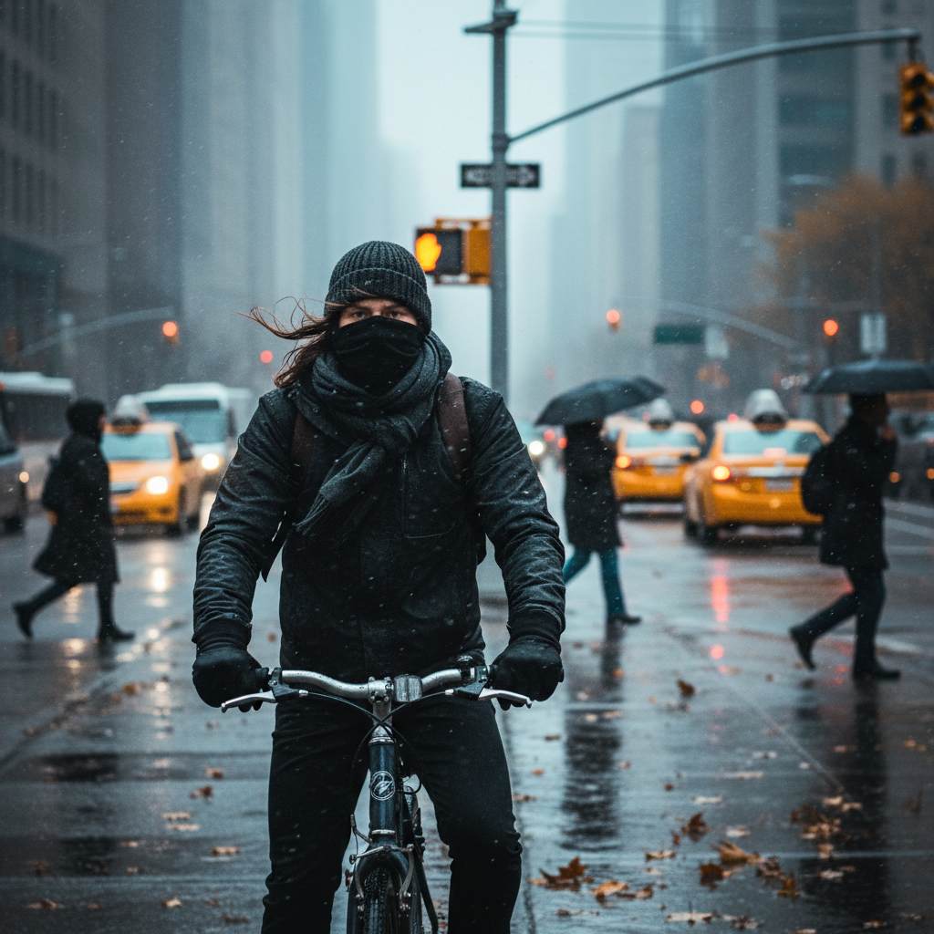 Urban commuter stopped at an intersection on a cool, windy day. Gloves and face covering visible, subtle weather cues, documentary-style city photography. size 1:1