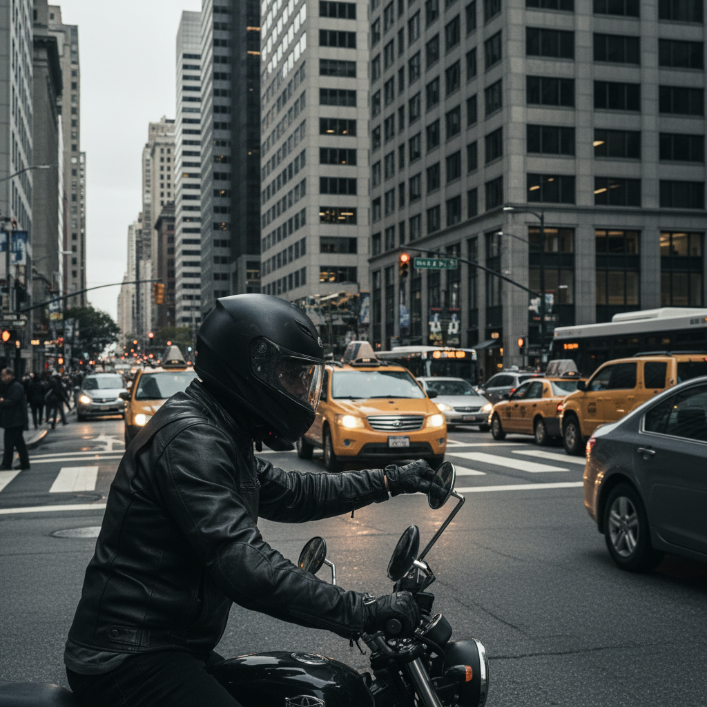 Urban rider approaching a busy intersection, checking a rear-view mirror. Cars nearby, realistic traffic flow, documentary-style city photography. size 1:1
