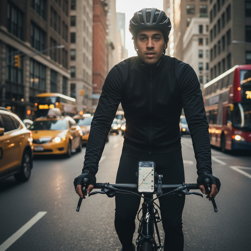Urban rider navigating traffic with a phone mounted on handlebars, hand near controls. City environment, realistic lifestyle photography, confident posture. size 1:1