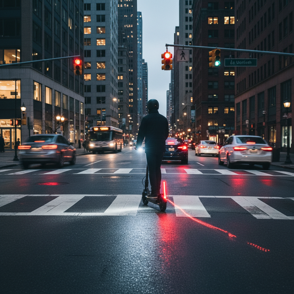 Urban traffic scene with a cyclist or scooter rider approaching an intersection. Headlight and rear signals clearly visible from a distance. Cars slowing down. size 1:1